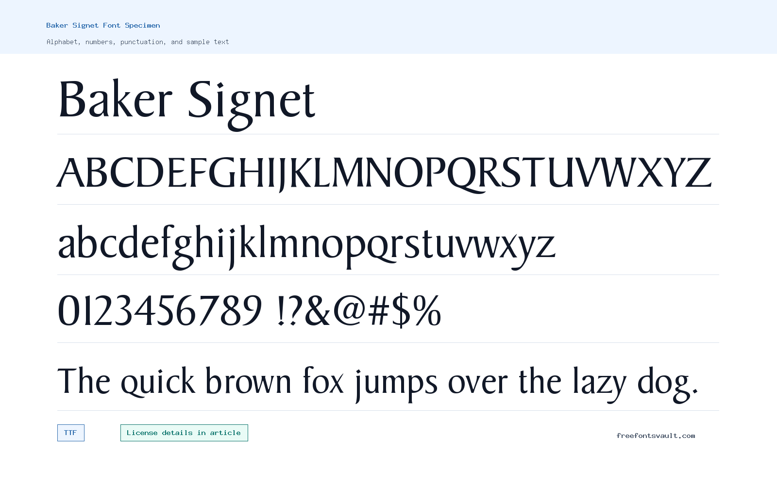 Baker Signet font specimen showing alphabet, numbers, and sample text