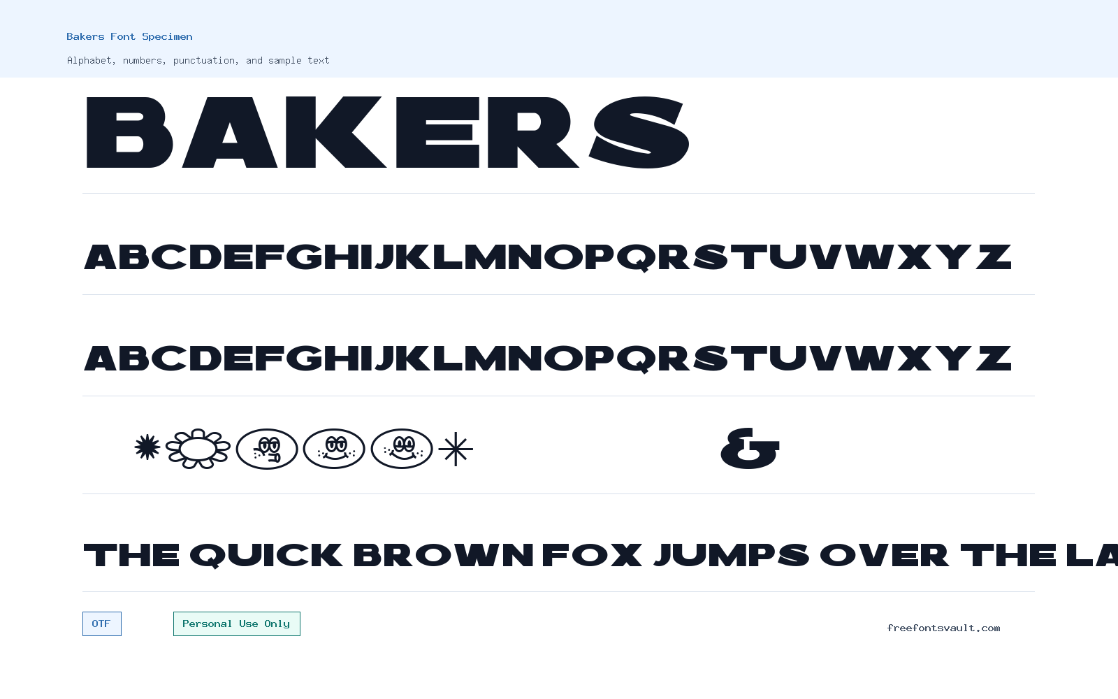Bakers font specimen showing alphabet, numbers, and sample text