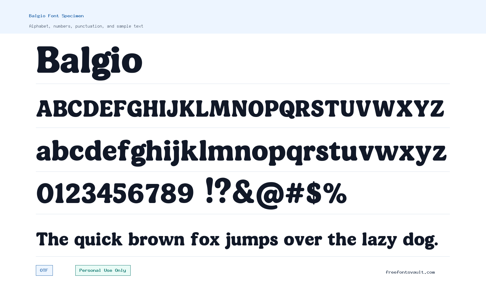 Balgio font specimen showing alphabet, numbers, and sample text