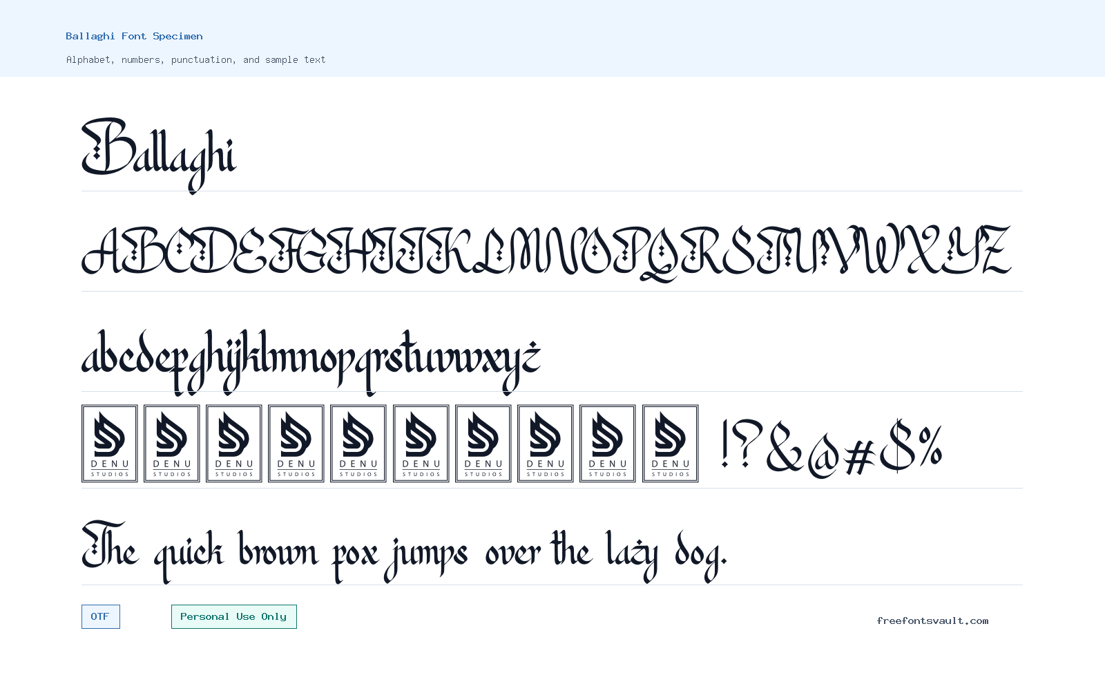 Ballaghi font specimen showing alphabet, numbers, and sample text