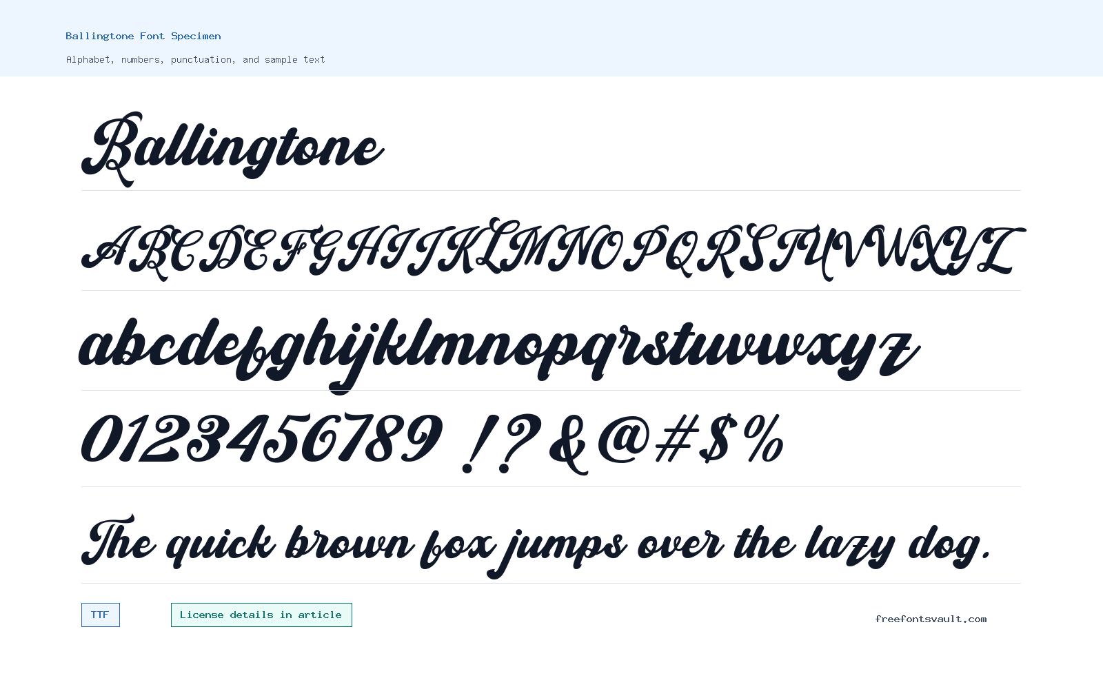 Ballingtone font specimen showing alphabet, numbers, and sample text