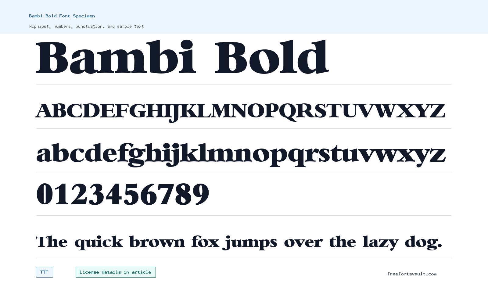 Bambi Bold font specimen showing alphabet, numbers, and sample text