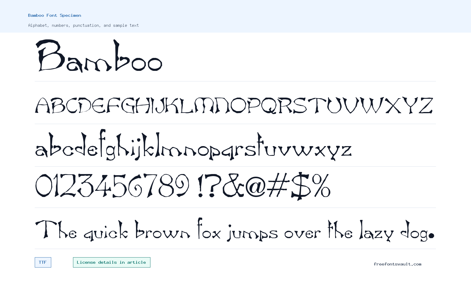Bamboo font specimen showing alphabet, numbers, and sample text