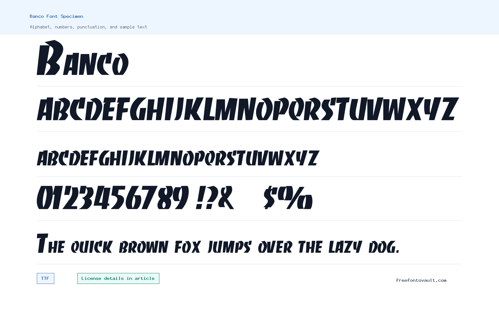 Banco font specimen showing alphabet, numbers, and sample text