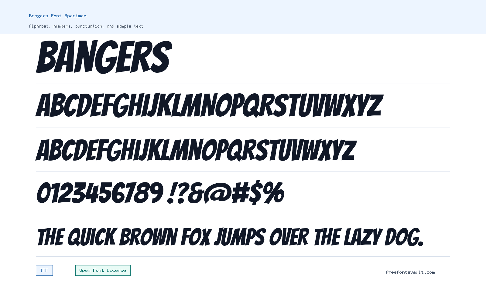 Bangers font specimen showing alphabet, numbers, and sample text