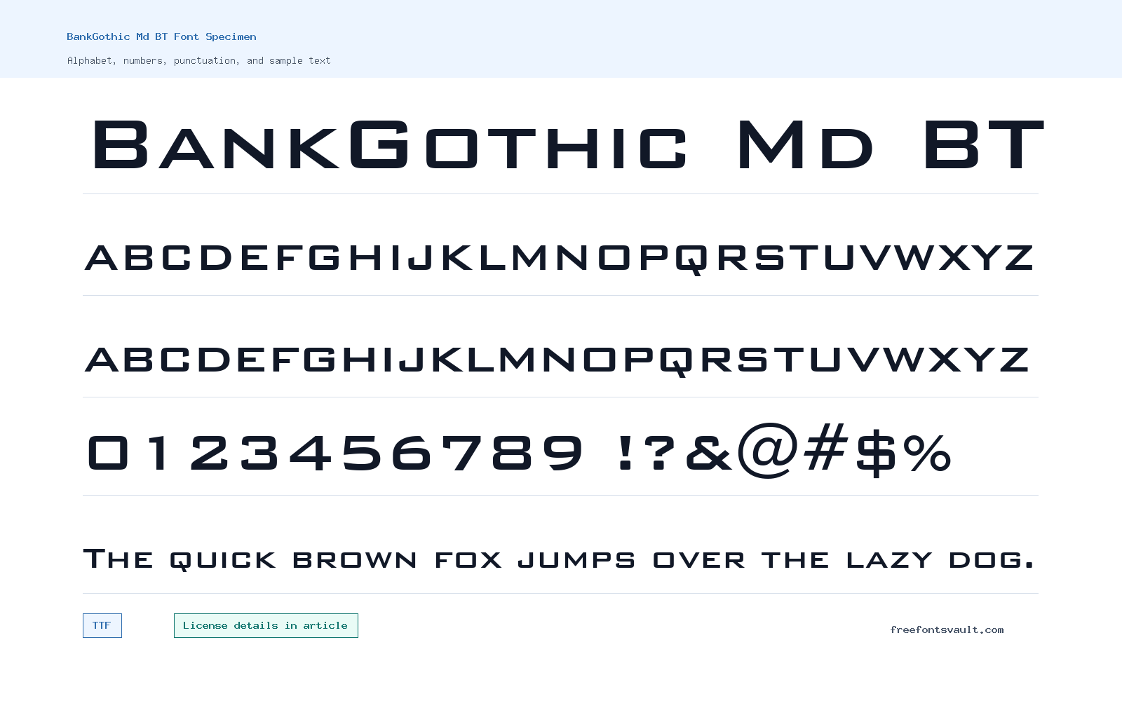 BankGothic Md BT font specimen showing alphabet, numbers, and sample text