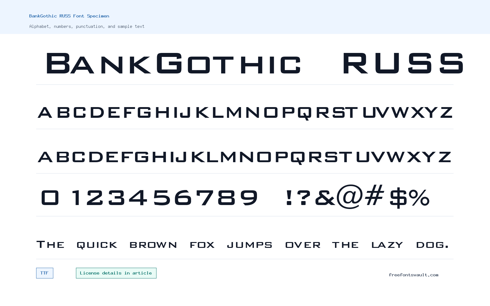 BankGothic RUSS font specimen showing alphabet, numbers, and sample text