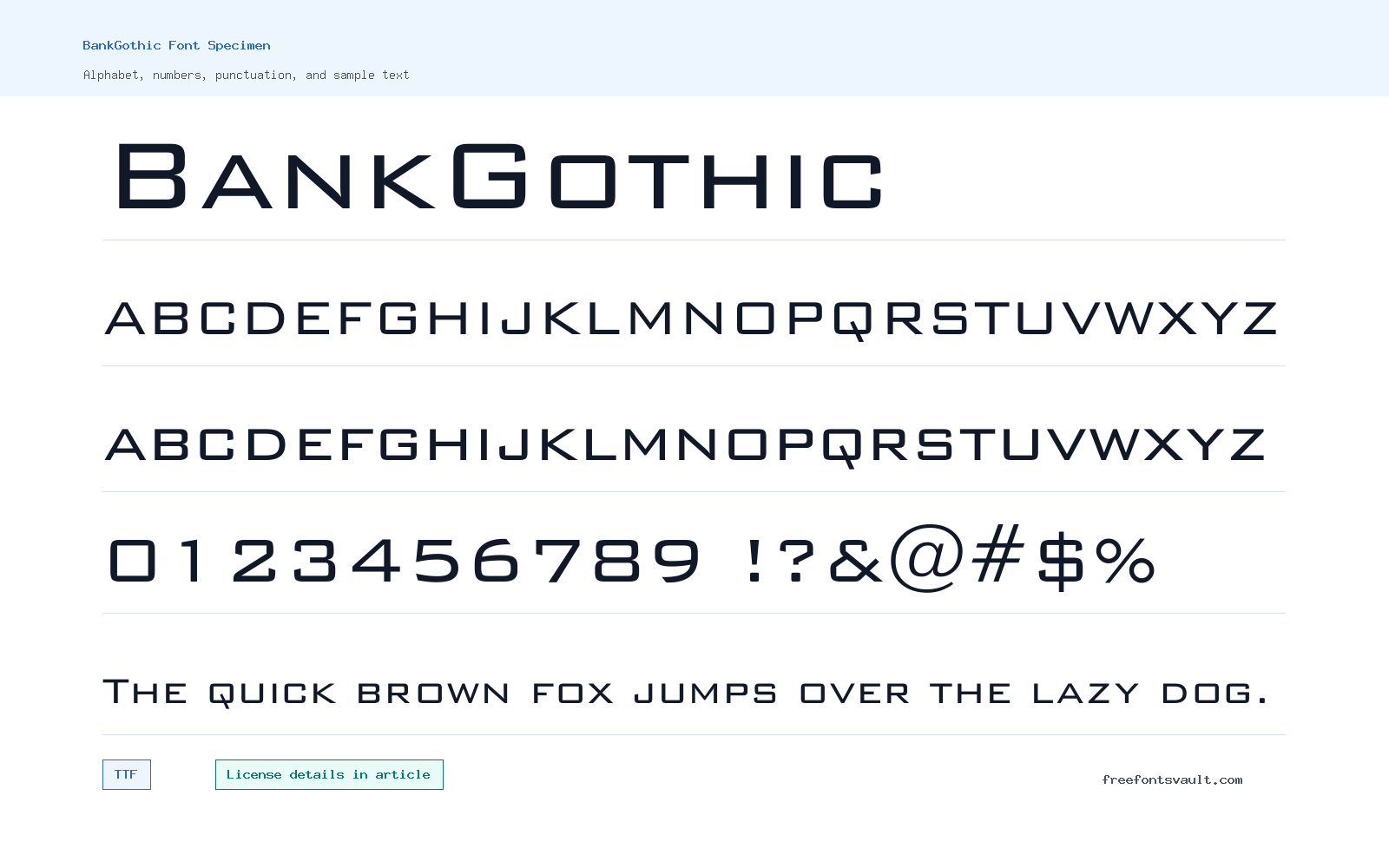 BankGothic font specimen showing alphabet, numbers, and sample text