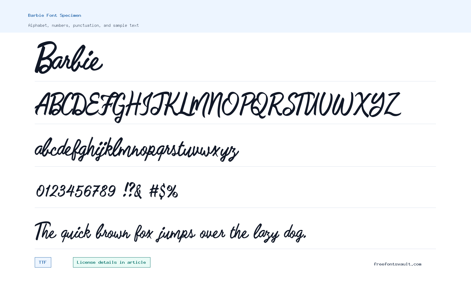 Barbie font specimen showing alphabet, numbers, and sample text