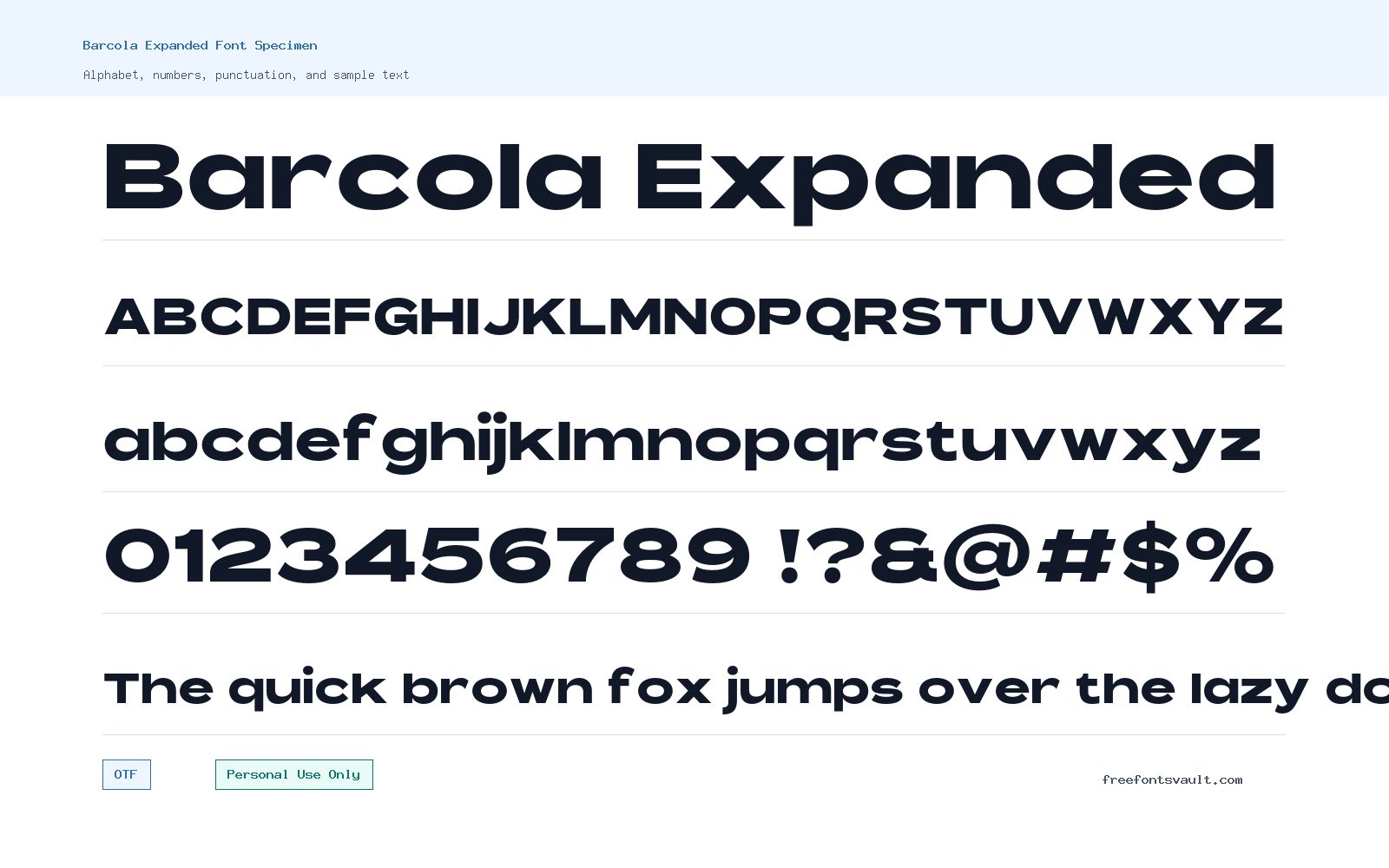 Barcola Expanded font specimen showing alphabet, numbers, and sample text