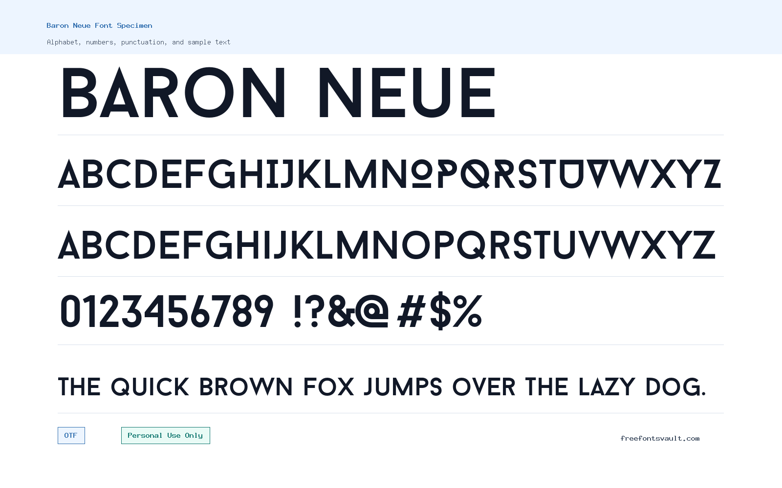 Baron Neue font specimen showing alphabet, numbers, and sample text