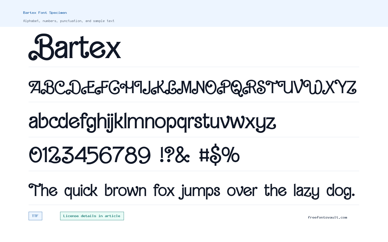 Bartex font specimen showing alphabet, numbers, and sample text
