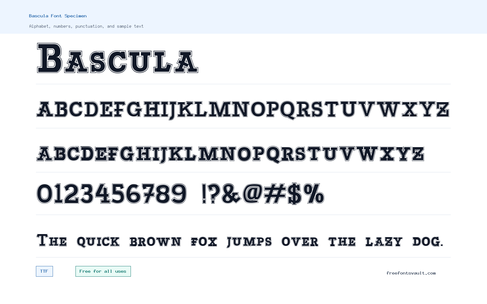 Bascula font specimen showing alphabet, numbers, and sample text
