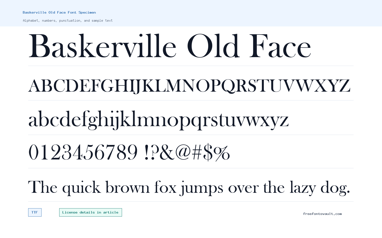 Baskerville Old Face font specimen showing alphabet, numbers, and sample text