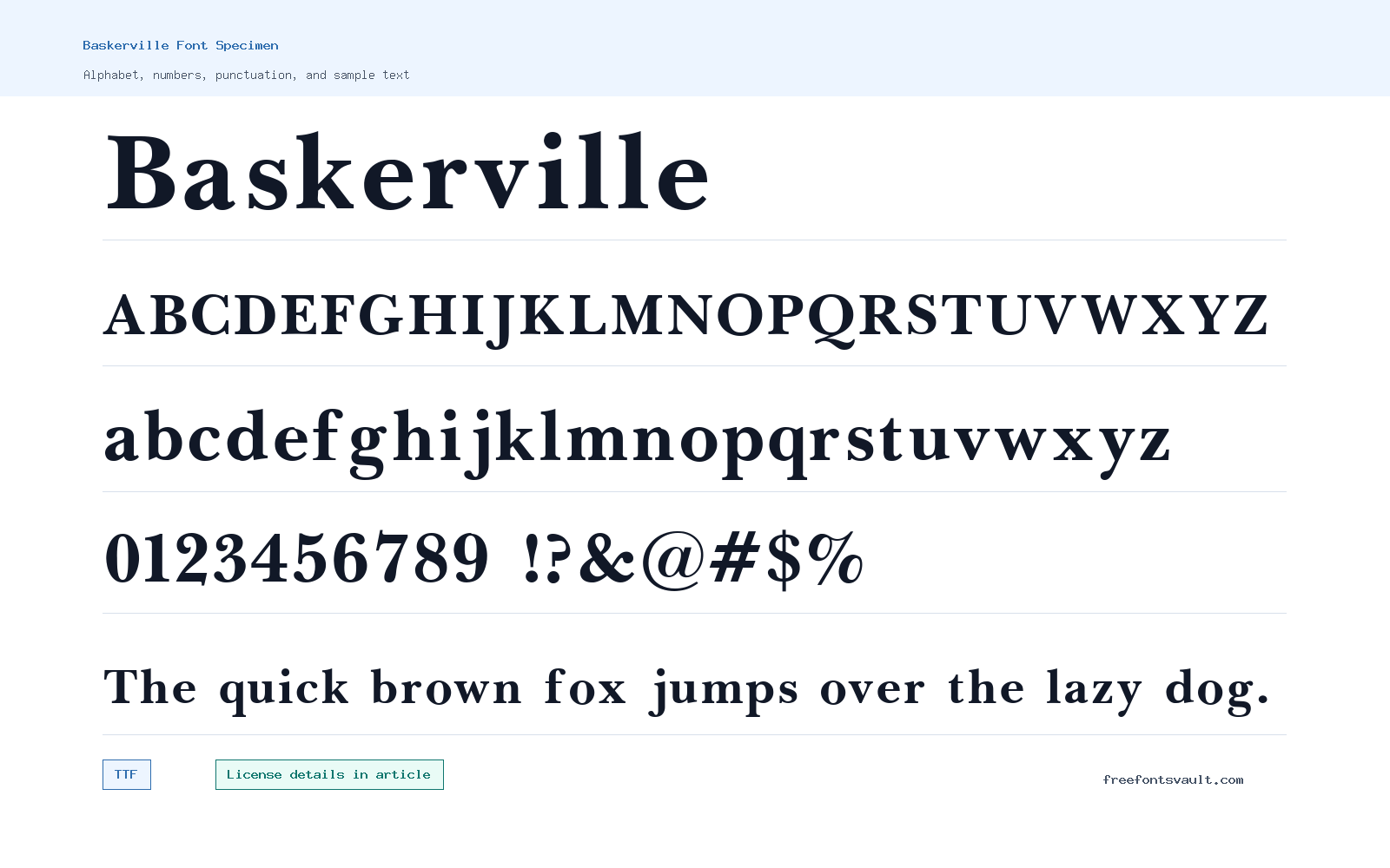 Baskerville font specimen showing alphabet, numbers, and sample text