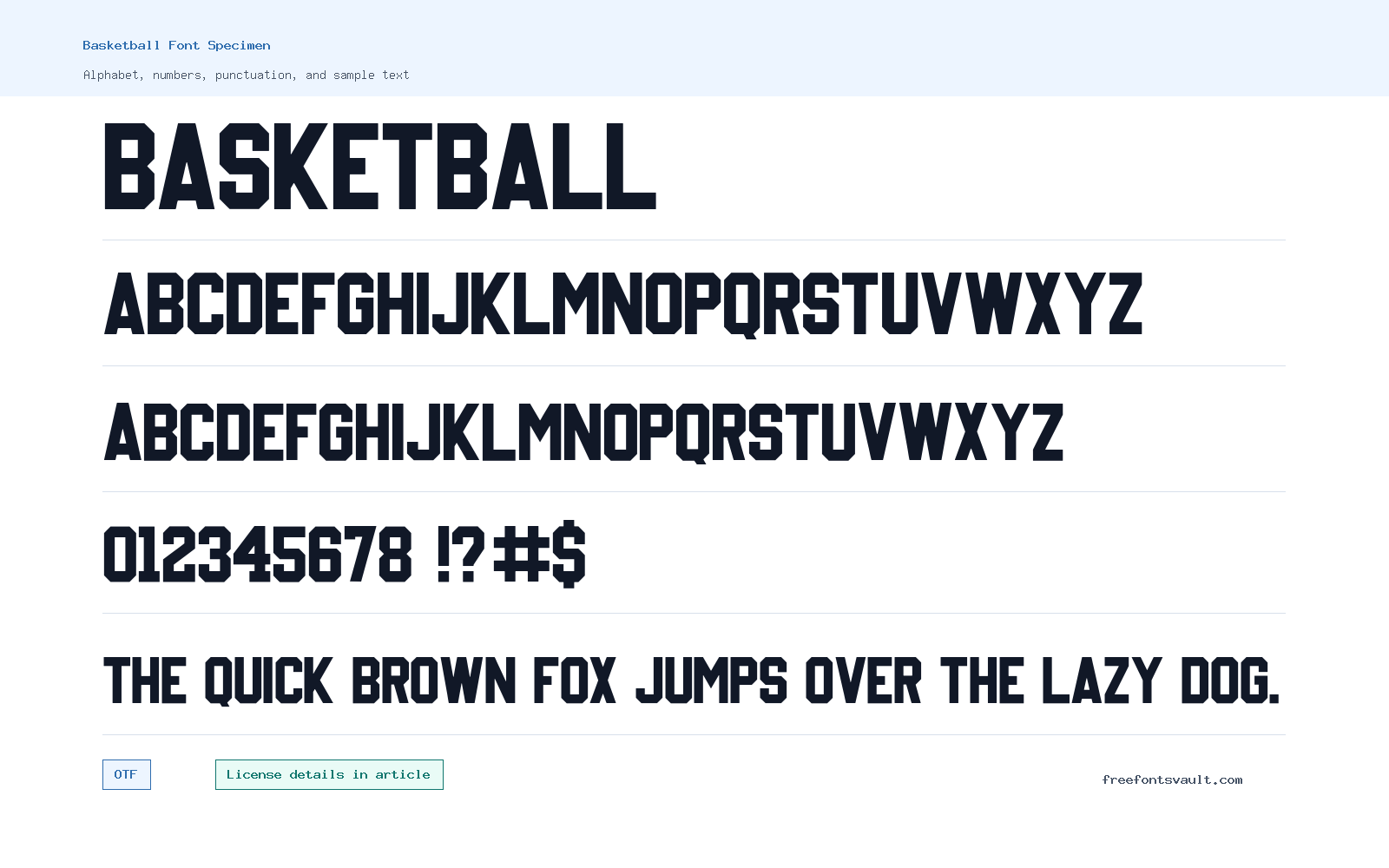 Basketball font specimen showing alphabet, numbers, and sample text