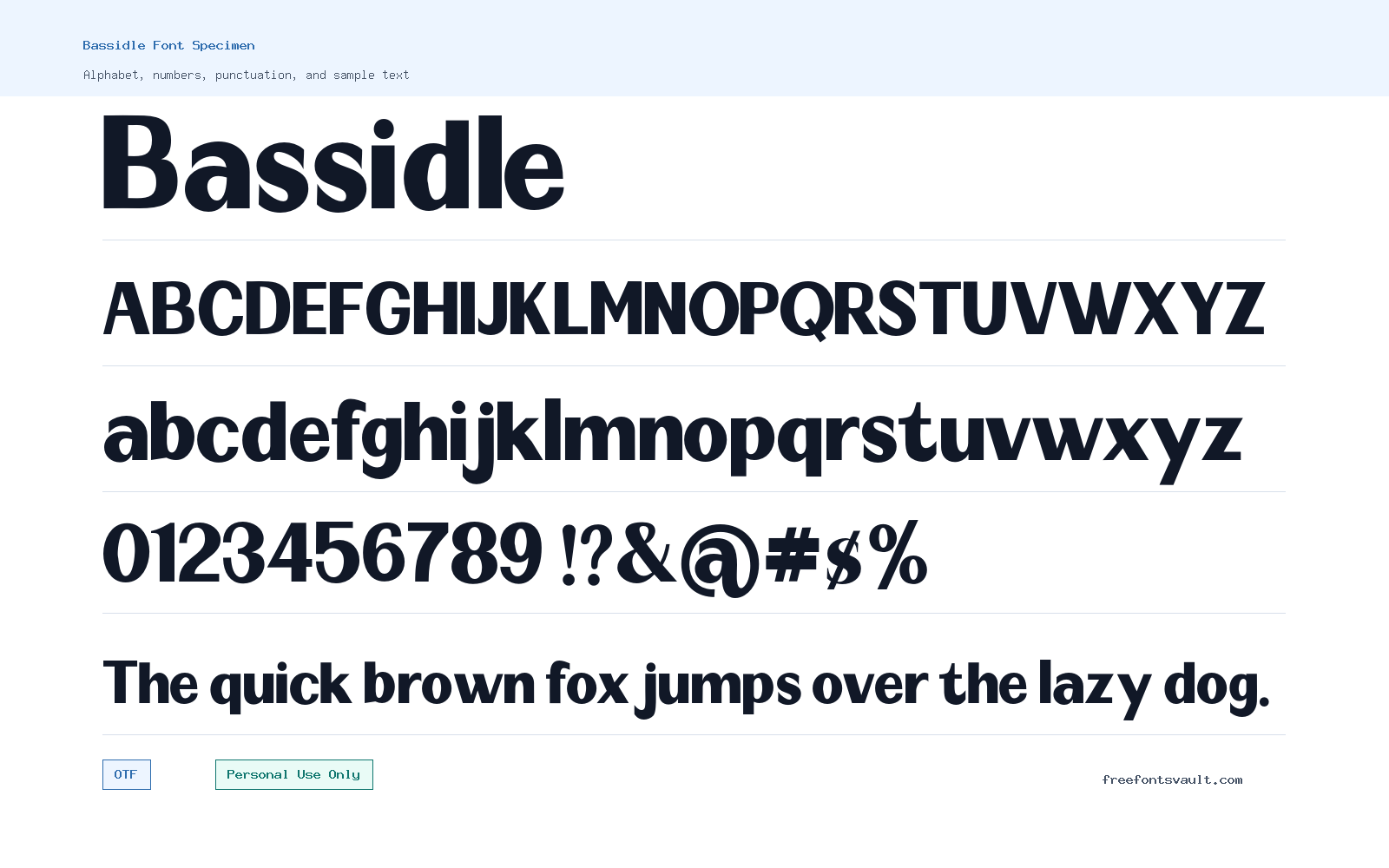 Bassidle font specimen showing alphabet, numbers, and sample text
