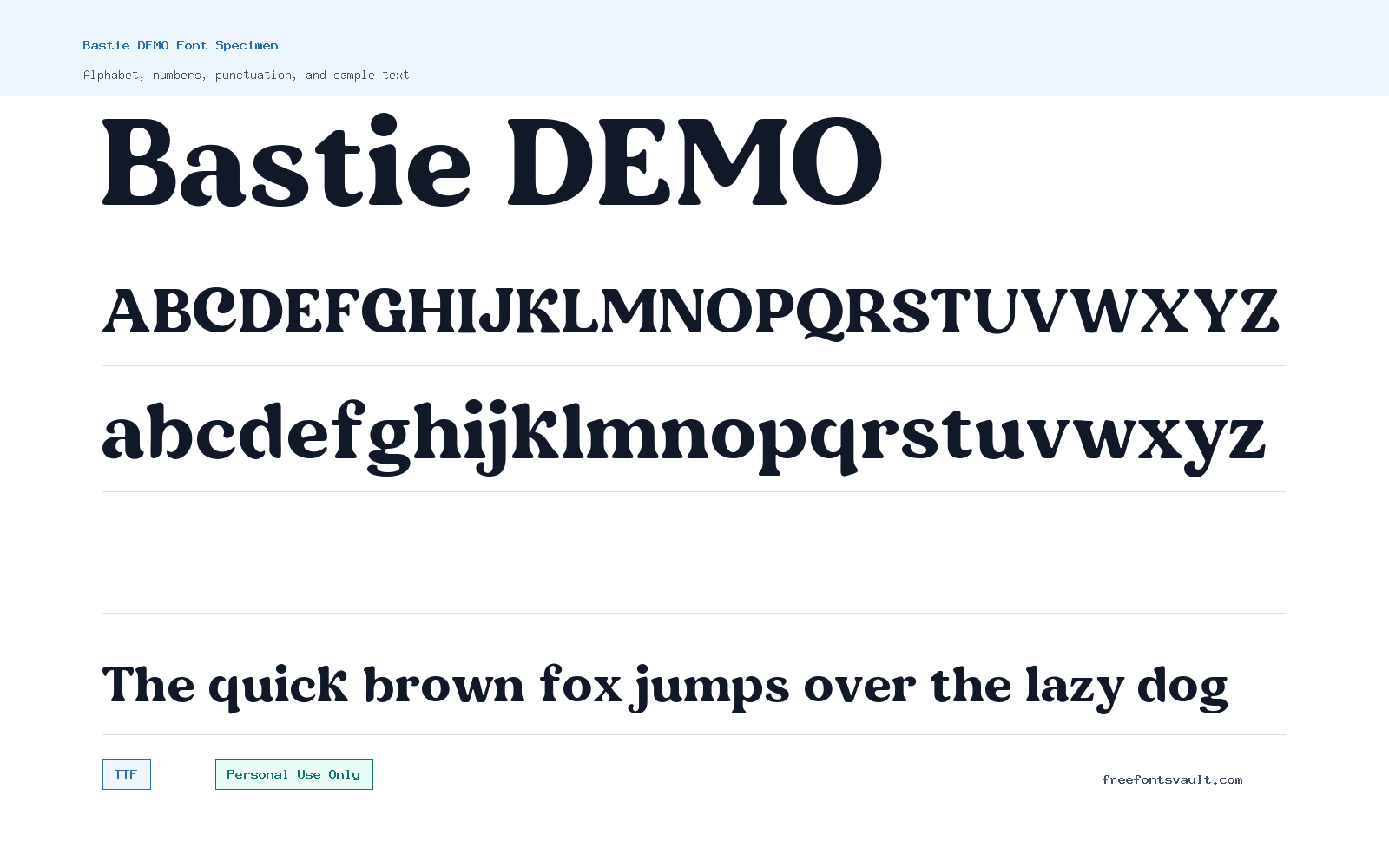 Bastie DEMO font specimen showing alphabet, numbers, and sample text