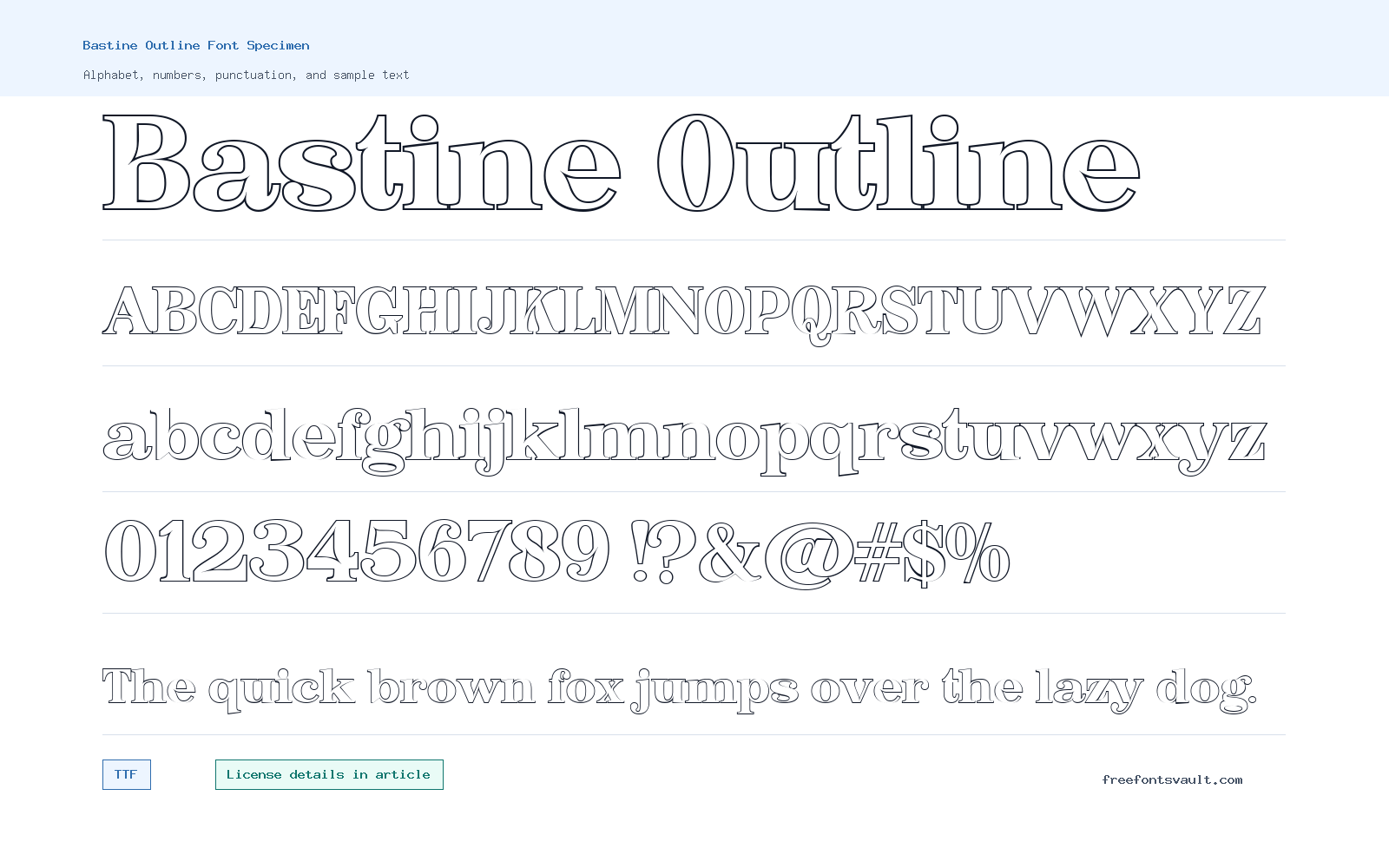Bastine Outline font specimen showing alphabet, numbers, and sample text