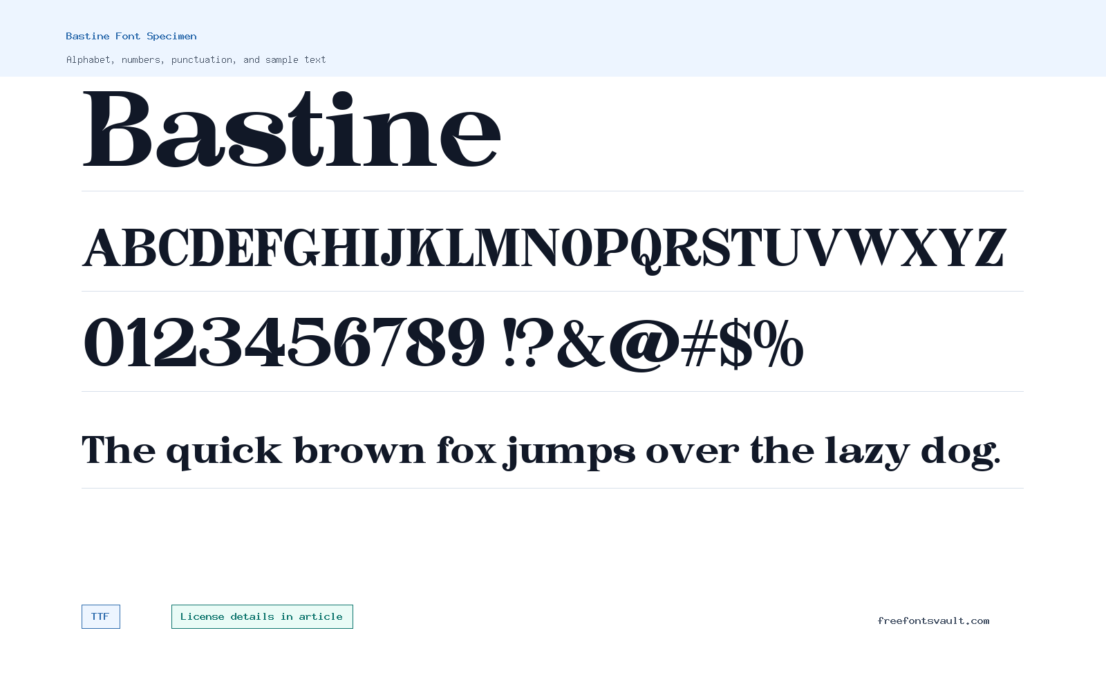 Bastine font specimen showing alphabet, numbers, and sample text