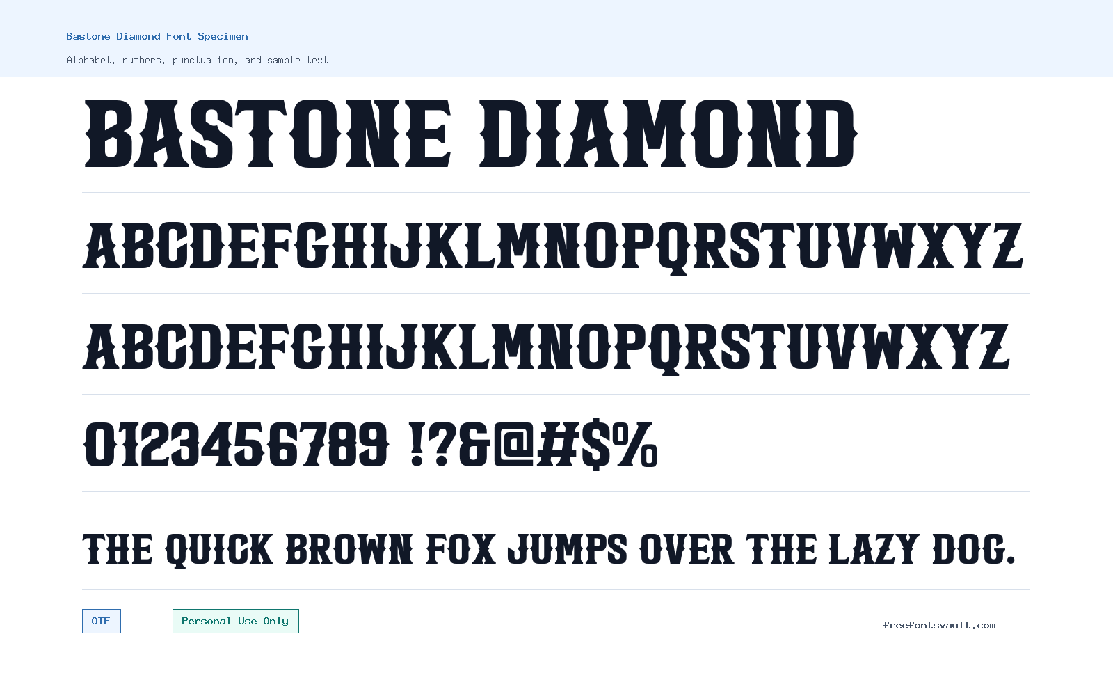 Bastone Diamond font specimen showing alphabet, numbers, and sample text