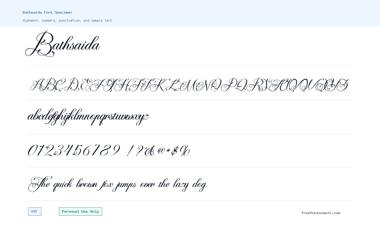 Bathsaida font specimen showing alphabet, numbers, and sample text