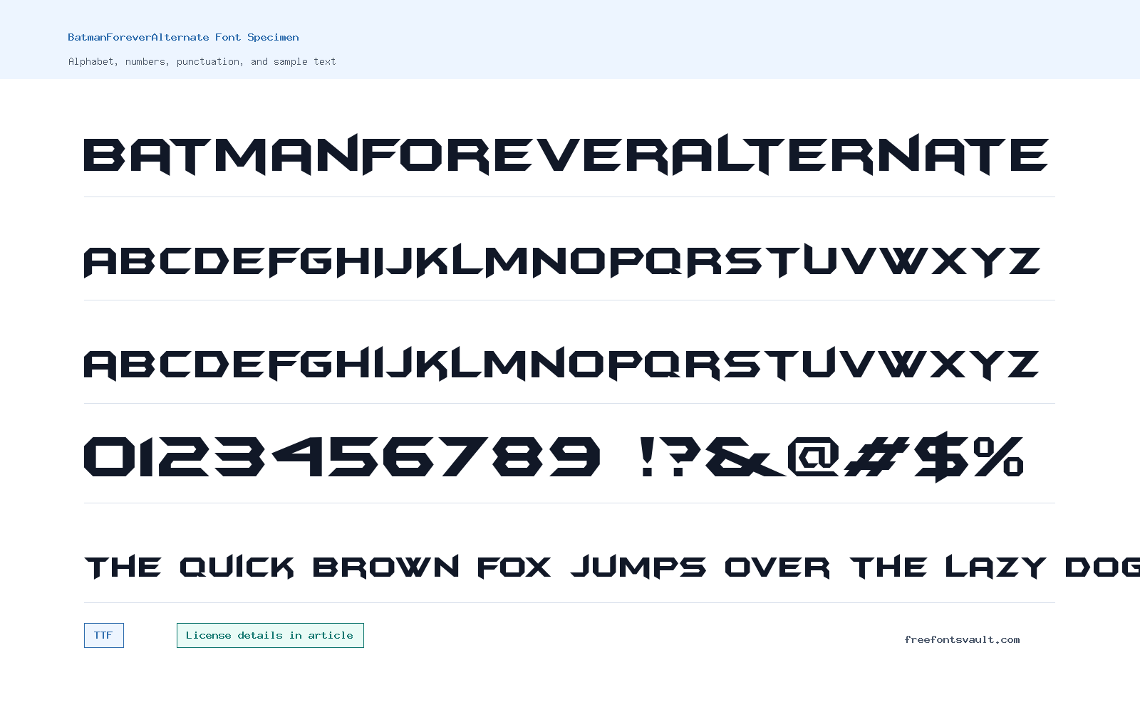 BatmanForeverAlternate font specimen showing alphabet, numbers, and sample text
