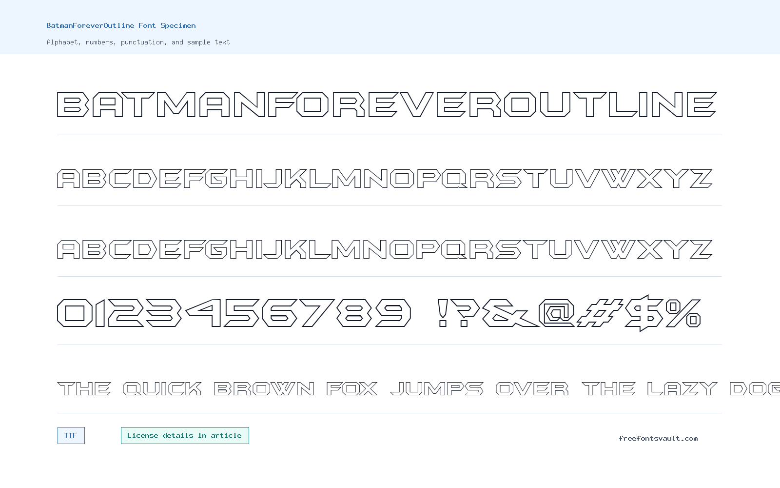 BatmanForeverOutline font specimen showing alphabet, numbers, and sample text