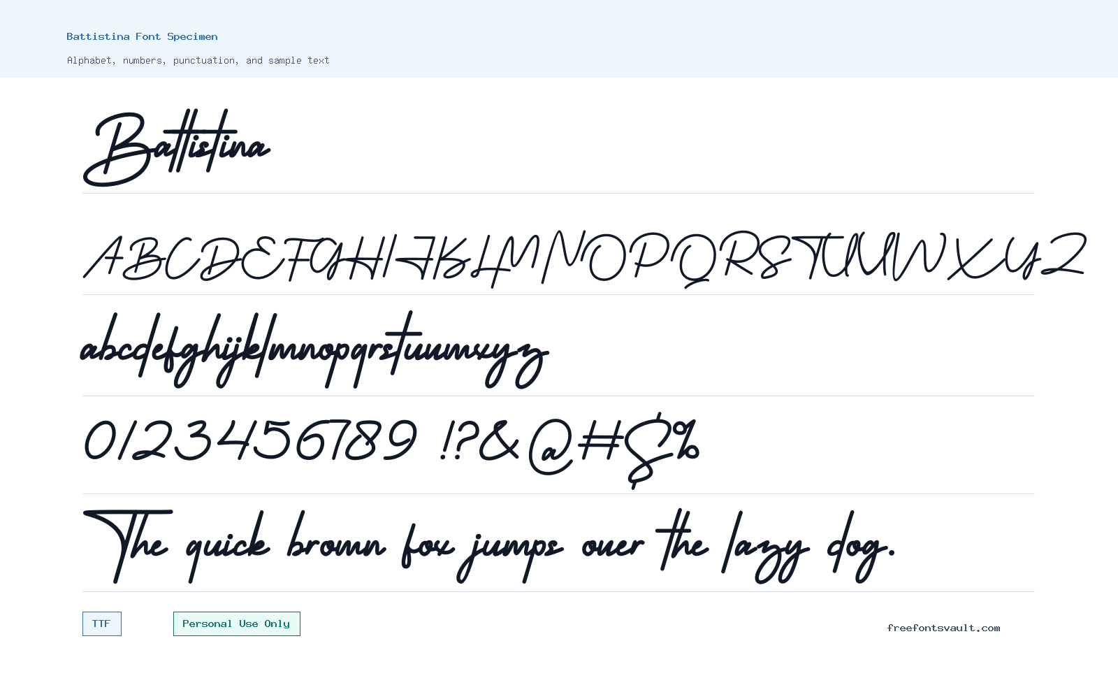 Battistina font specimen showing alphabet, numbers, and sample text
