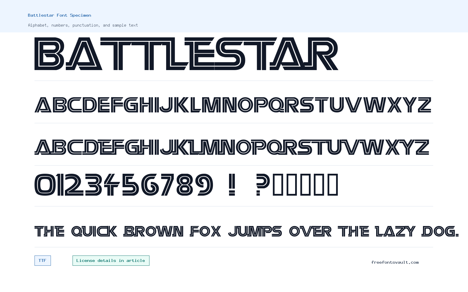 Battlestar font specimen showing alphabet, numbers, and sample text