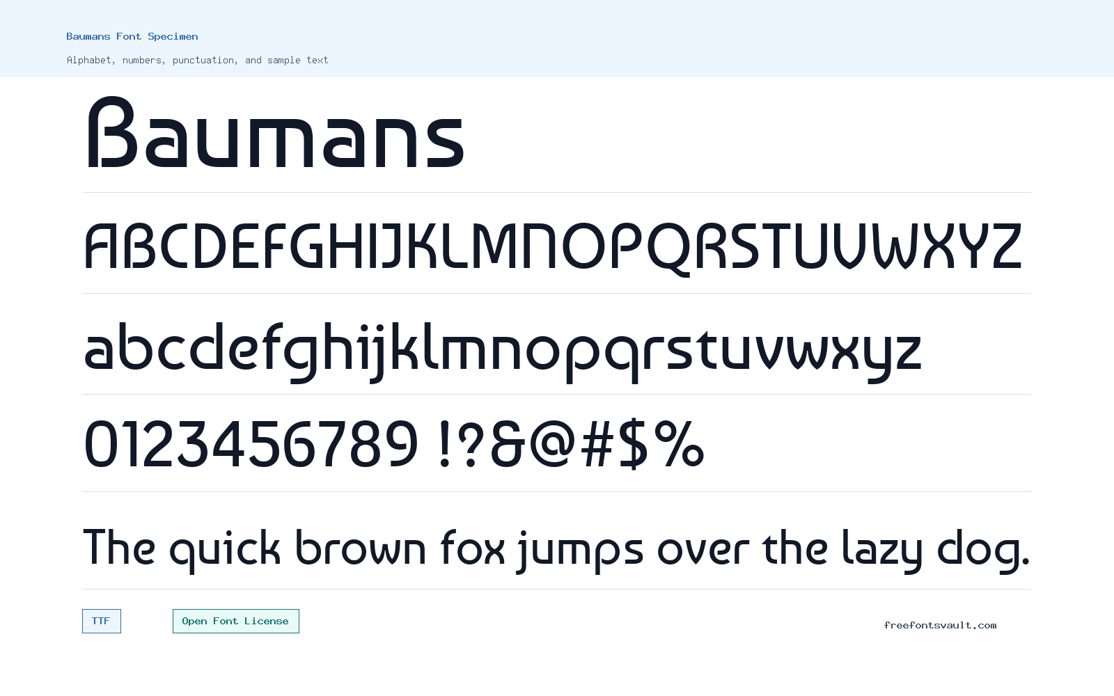 Baumans font specimen showing alphabet, numbers, and sample text