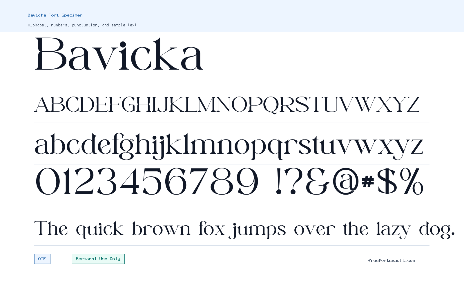 Bavicka font specimen showing alphabet, numbers, and sample text