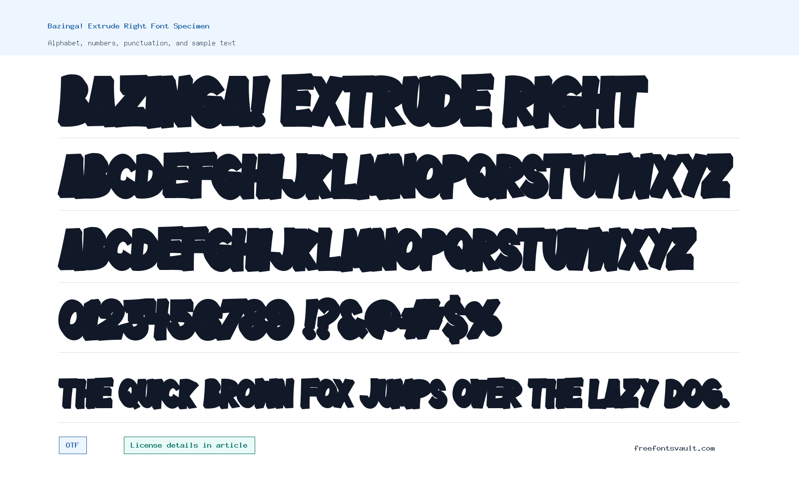 Bazinga! Extrude Right font specimen showing alphabet, numbers, and sample text