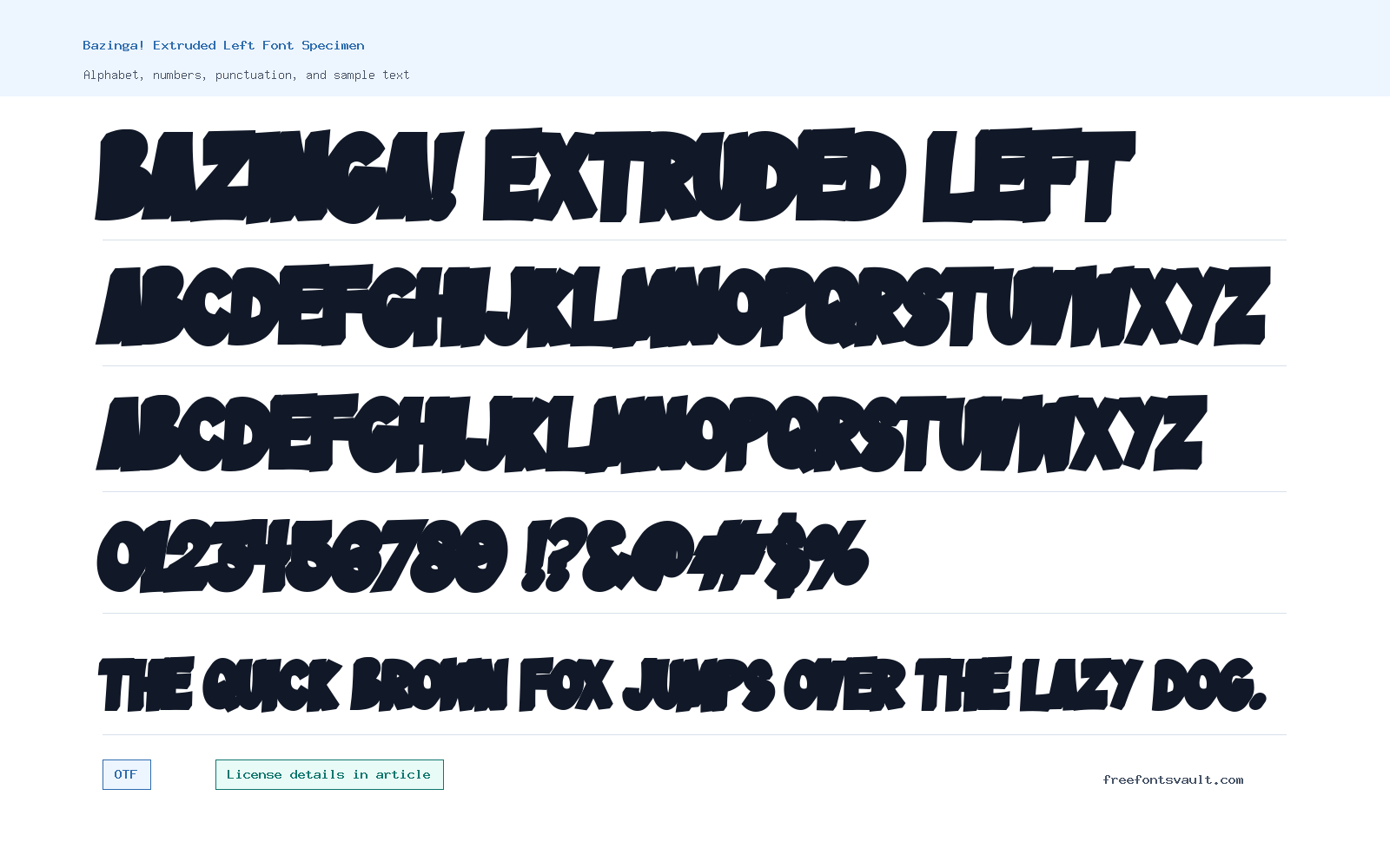 Bazinga! Extruded Left font specimen showing alphabet, numbers, and sample text