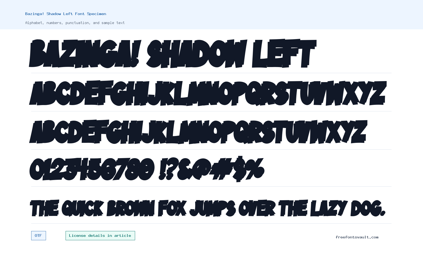 Bazinga! Shadow Left font specimen showing alphabet, numbers, and sample text