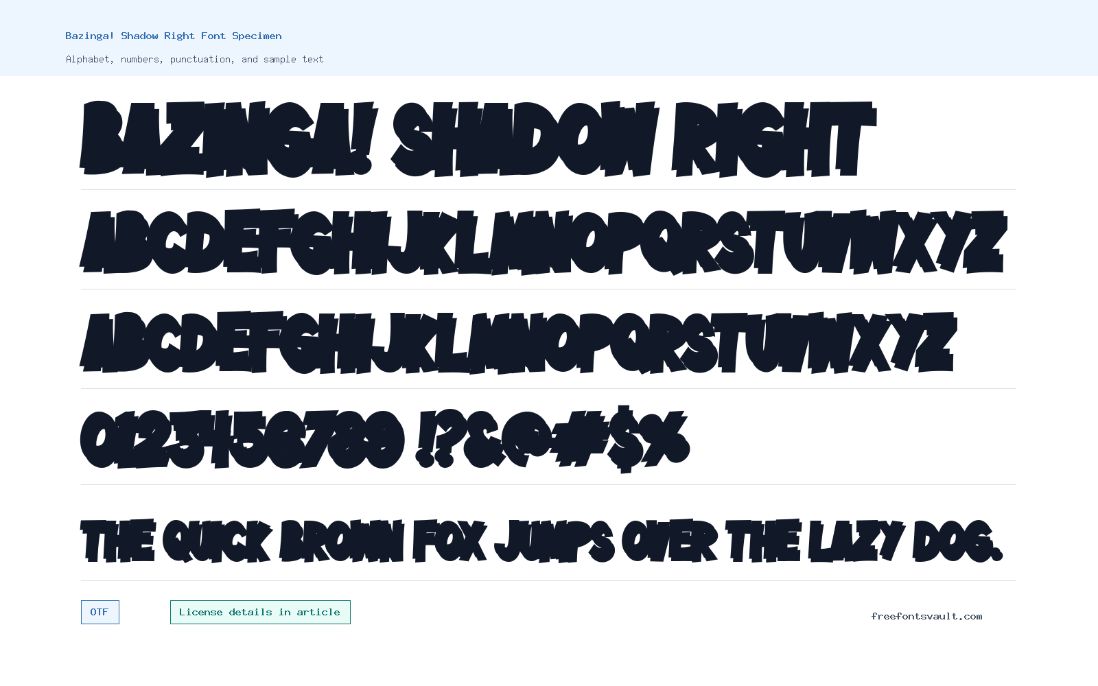 Bazinga! Shadow Right font specimen showing alphabet, numbers, and sample text