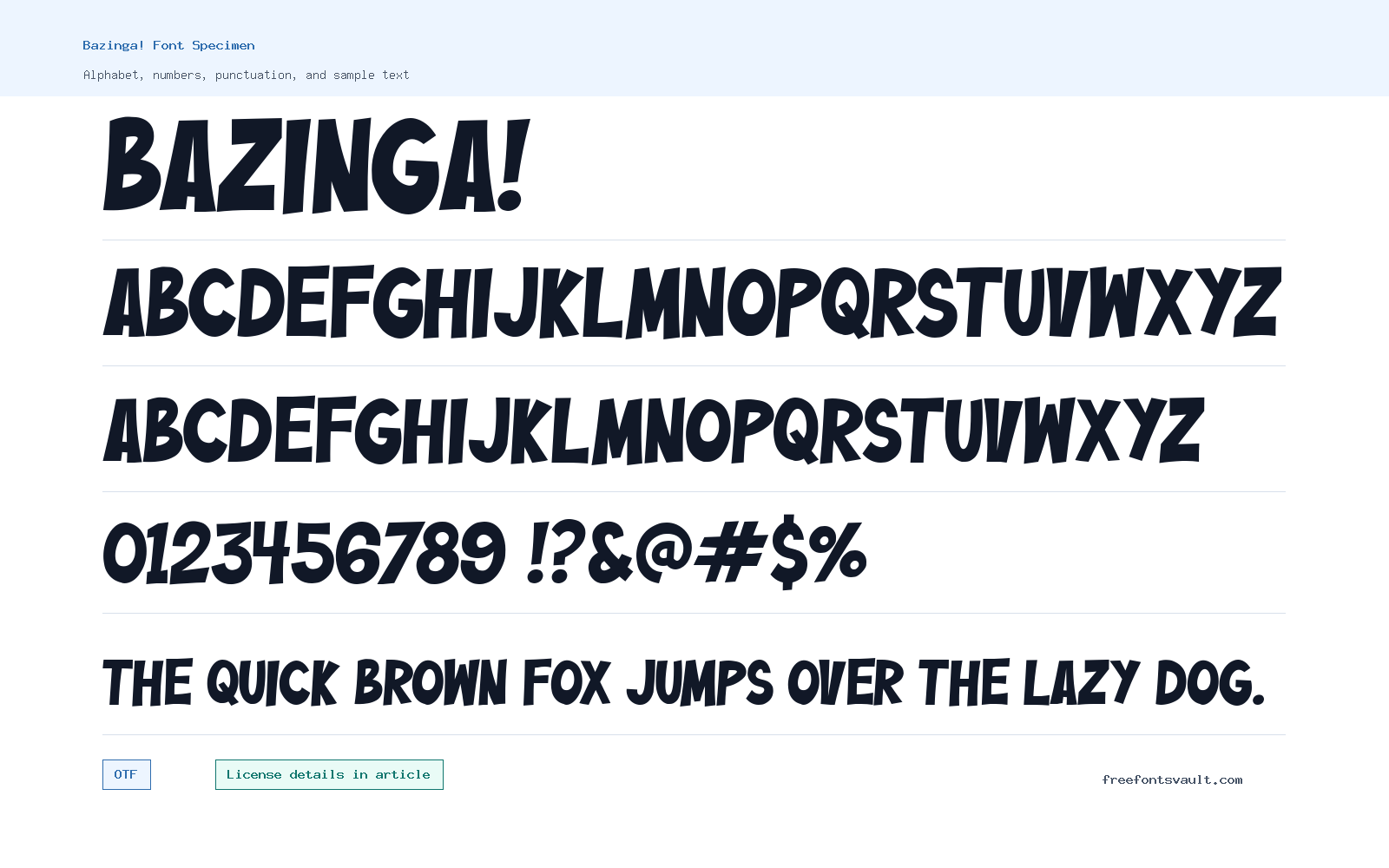 Bazinga! font specimen showing alphabet, numbers, and sample text