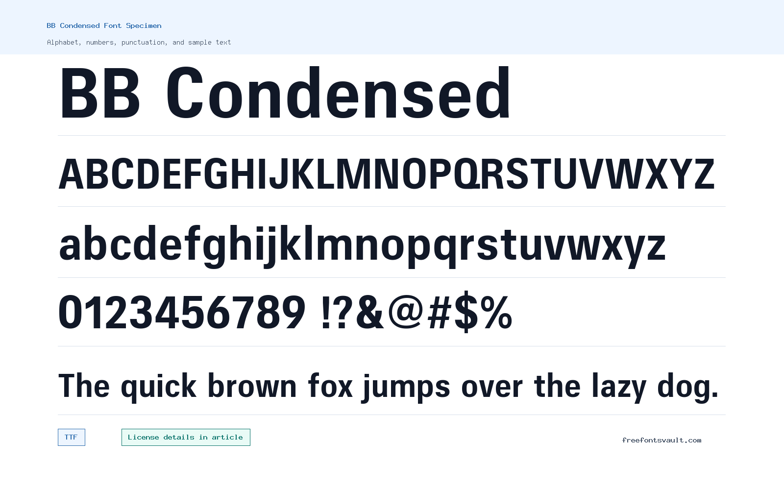 BB Condensed font specimen showing alphabet, numbers, and sample text