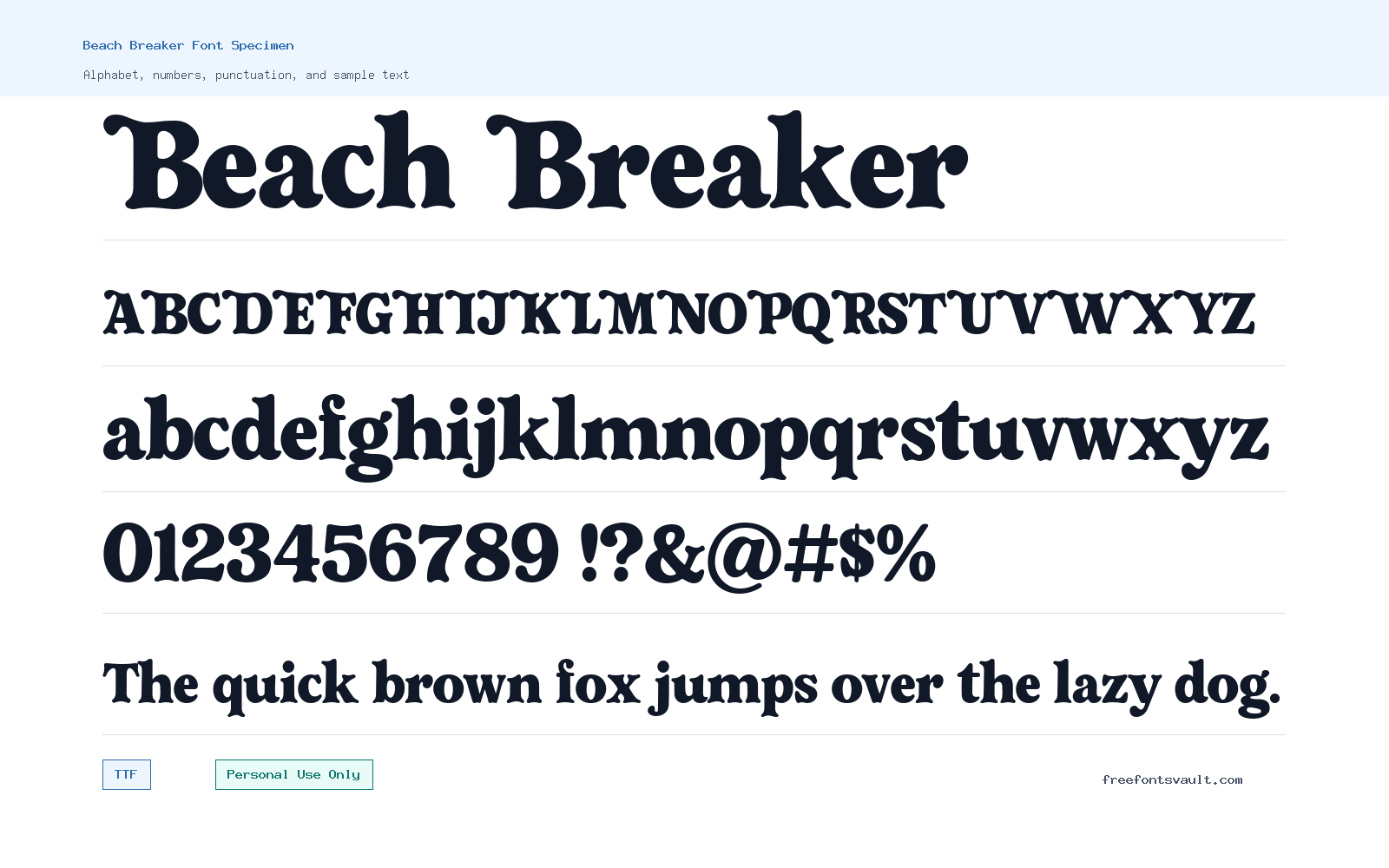 Beach Breaker font specimen showing alphabet, numbers, and sample text