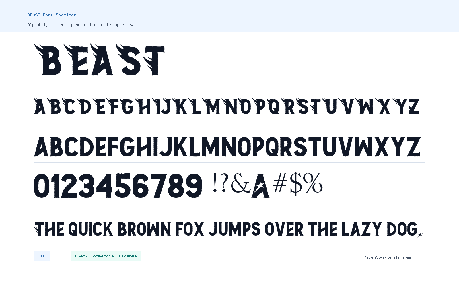 BEAST font specimen showing alphabet, numbers, and sample text