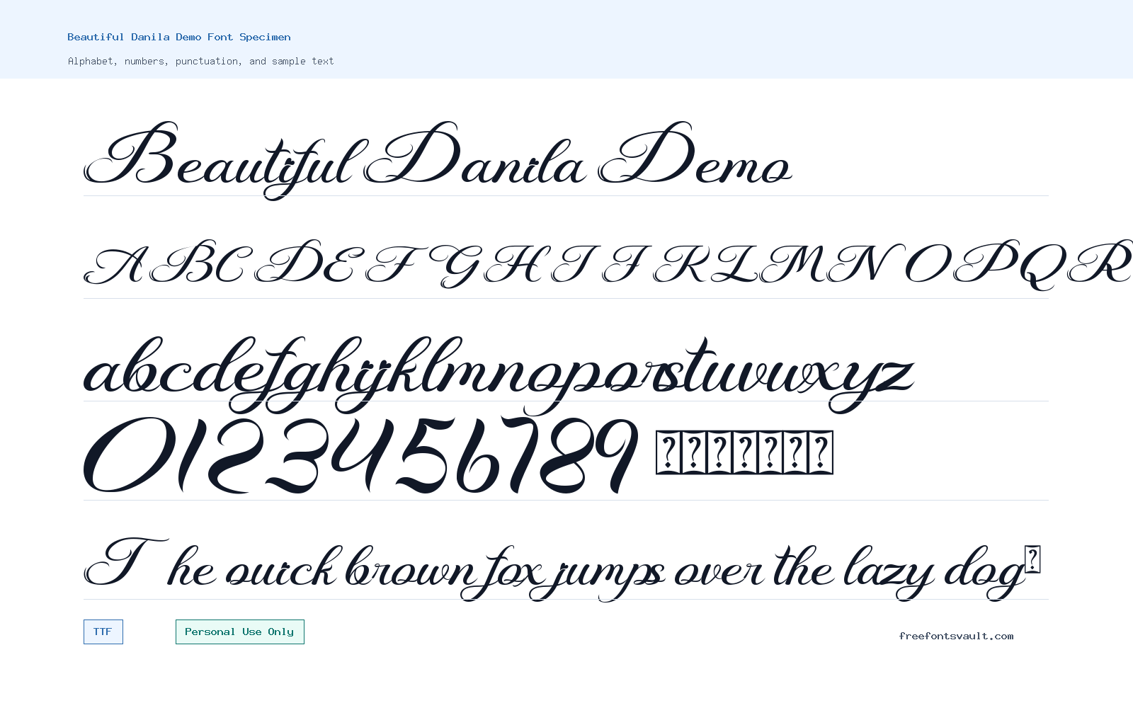 Beautiful Danila Demo font specimen showing alphabet, numbers, and sample text