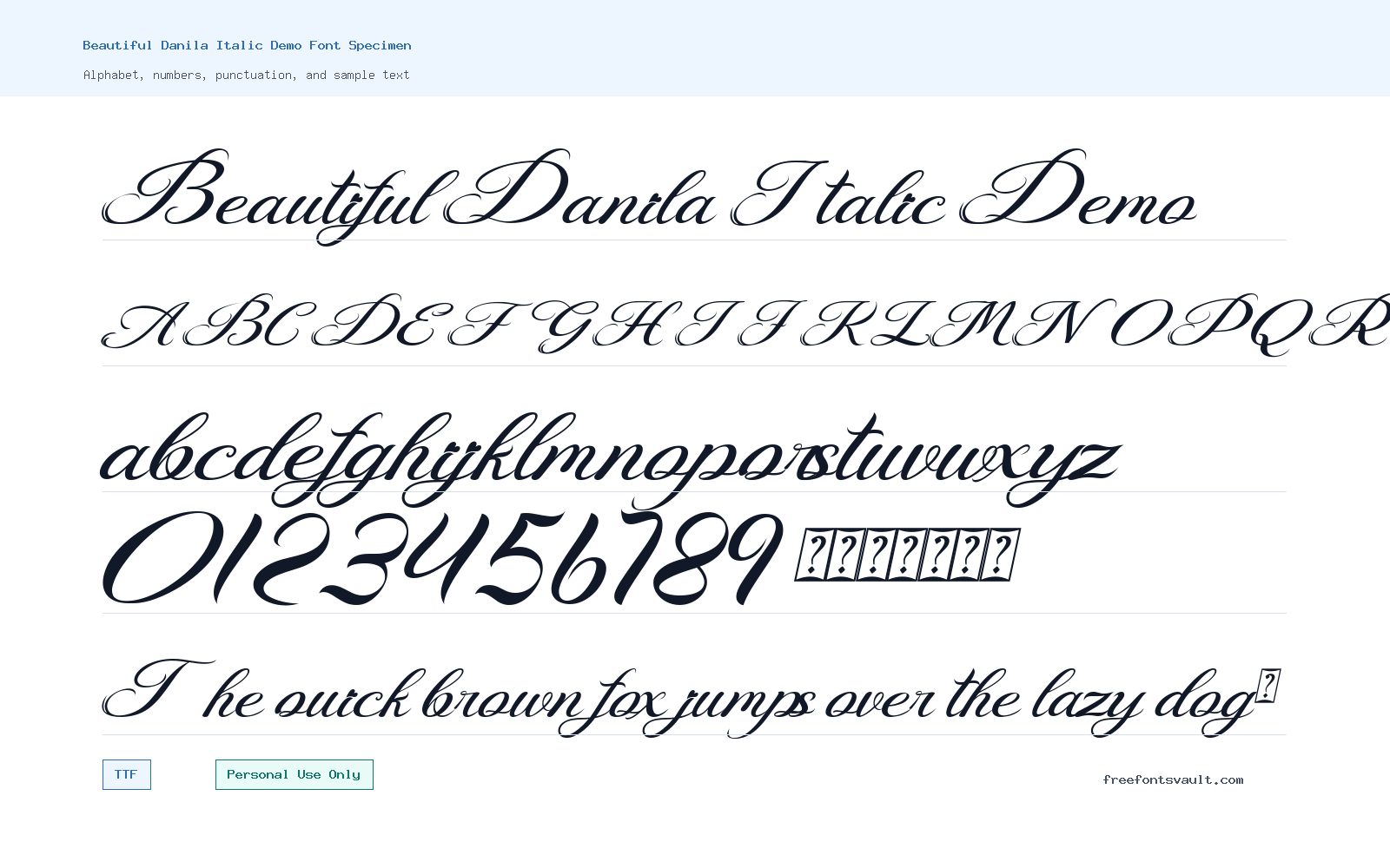 Beautiful Danila Italic Demo font specimen showing alphabet, numbers, and sample text