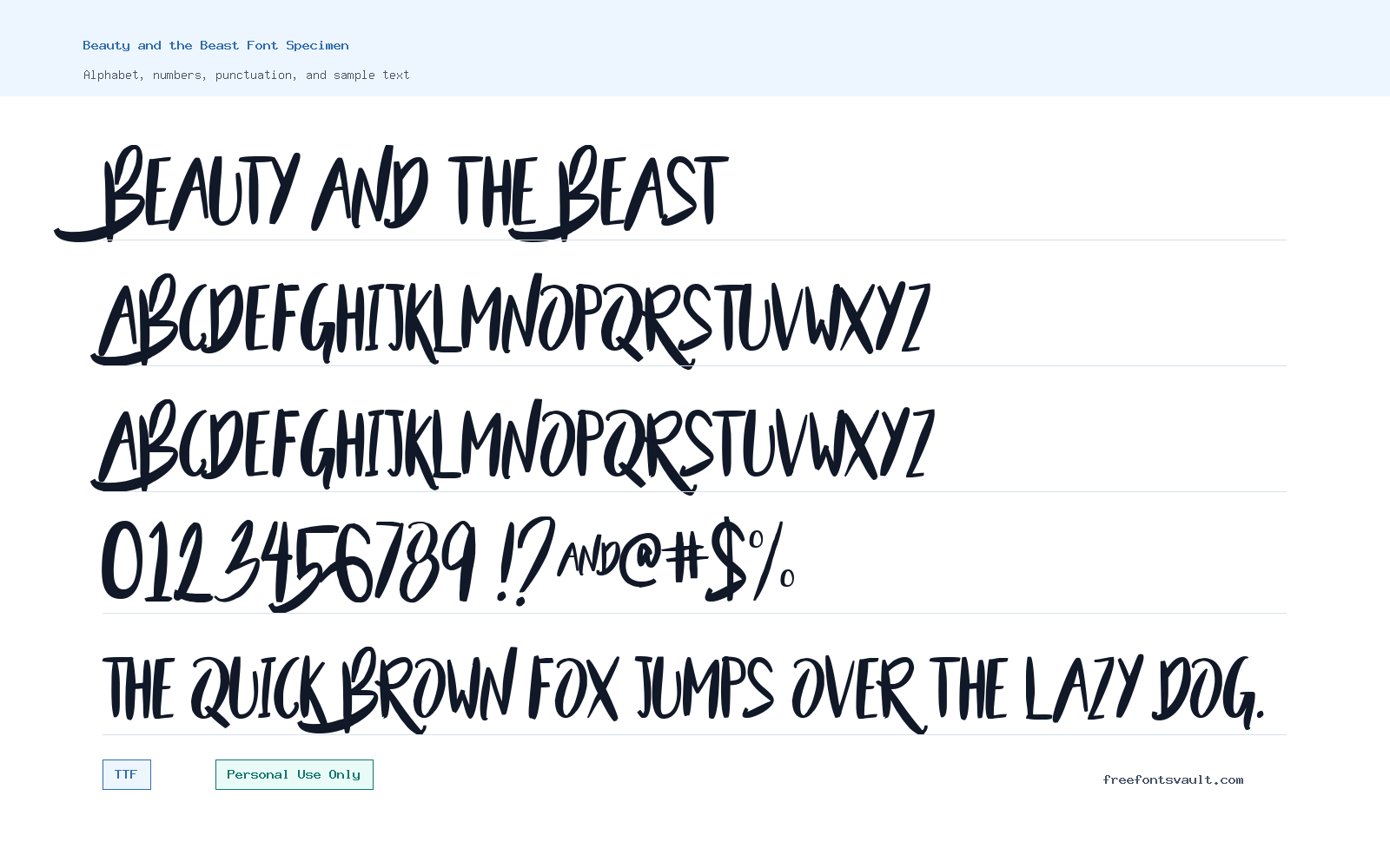 Beauty and the Beast font specimen showing alphabet, numbers, and sample text