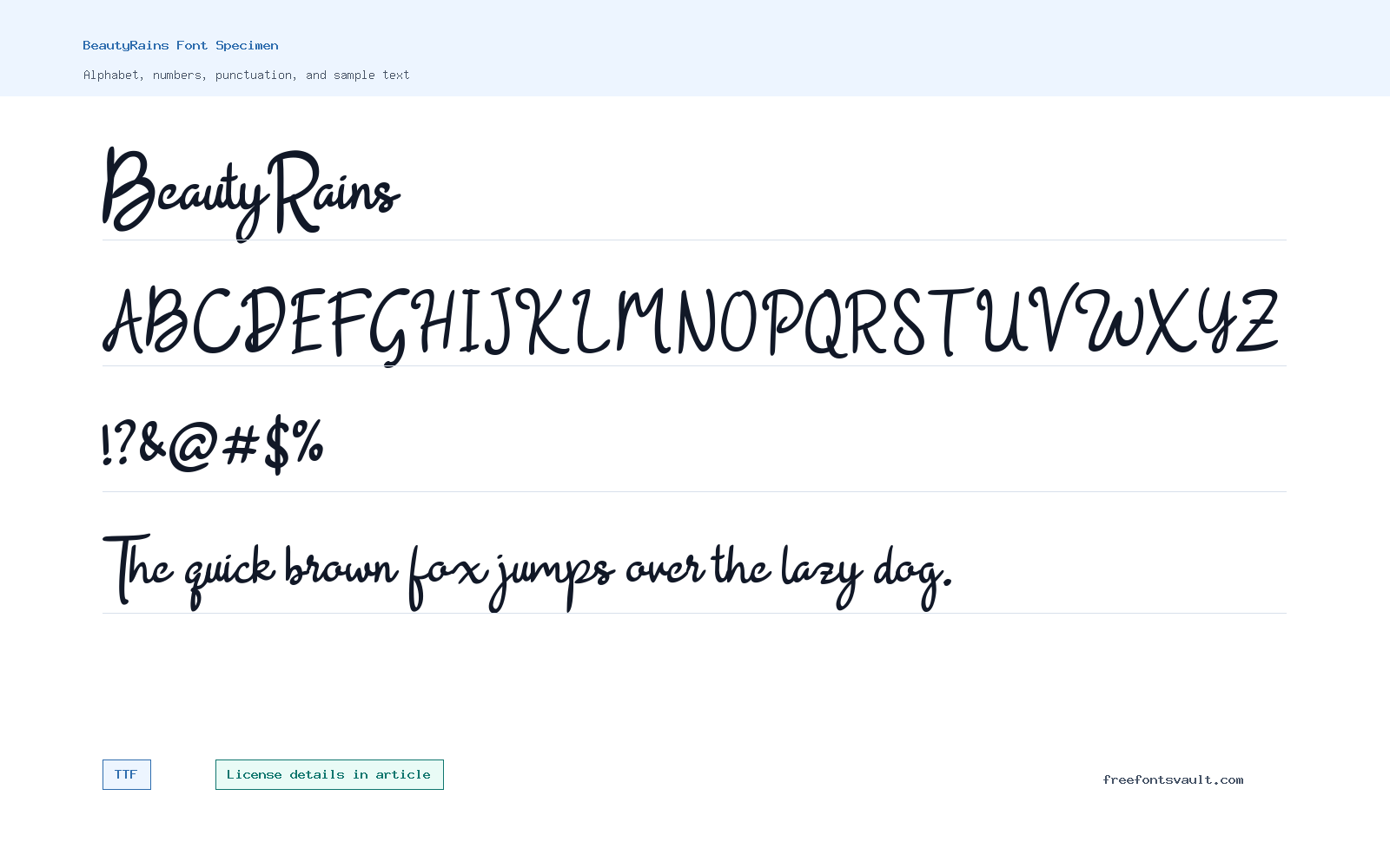 BeautyRains font specimen showing alphabet, numbers, and sample text