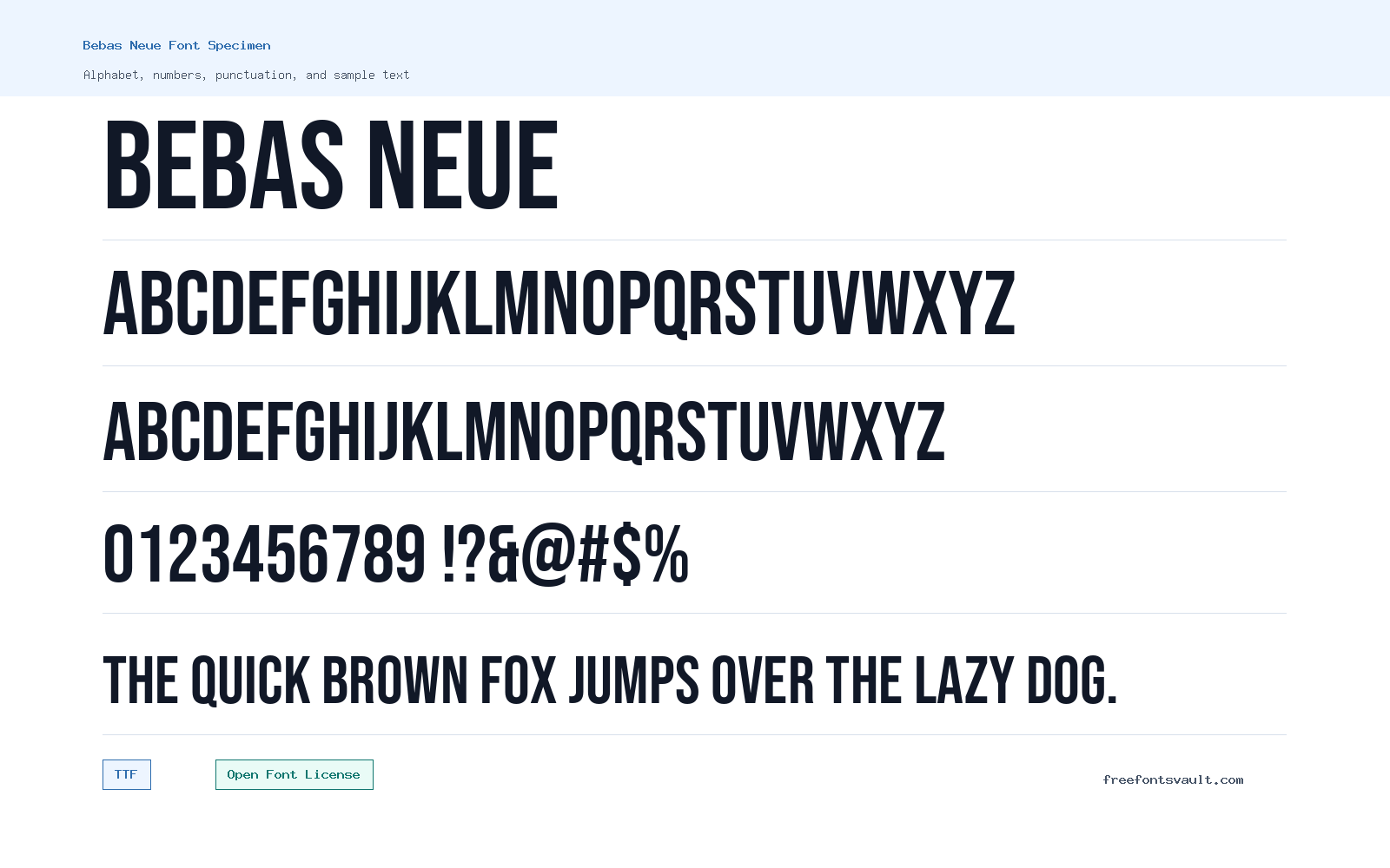 Bebas Neue font specimen showing alphabet, numbers, and sample text