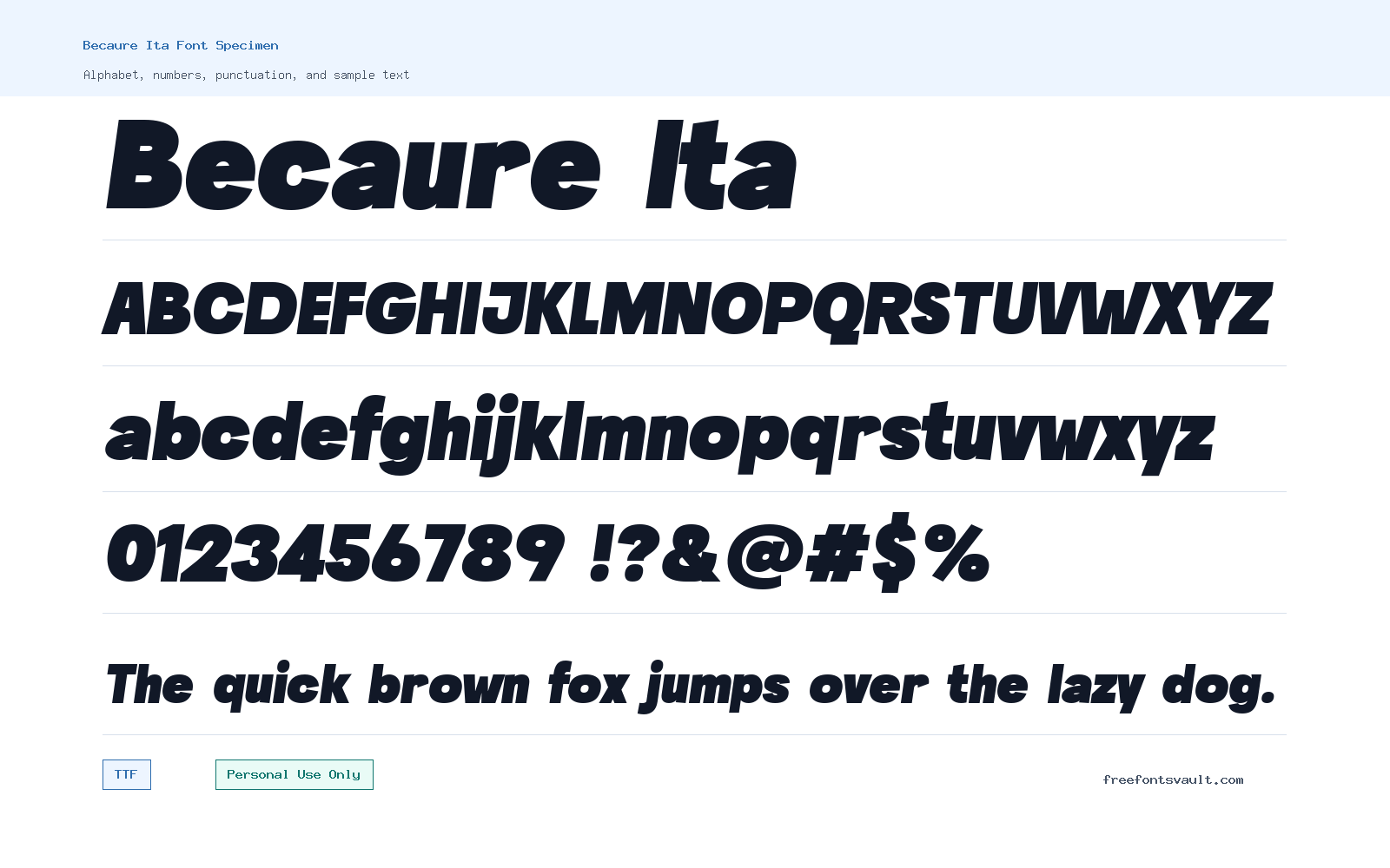 Becaure Ita font specimen showing alphabet, numbers, and sample text