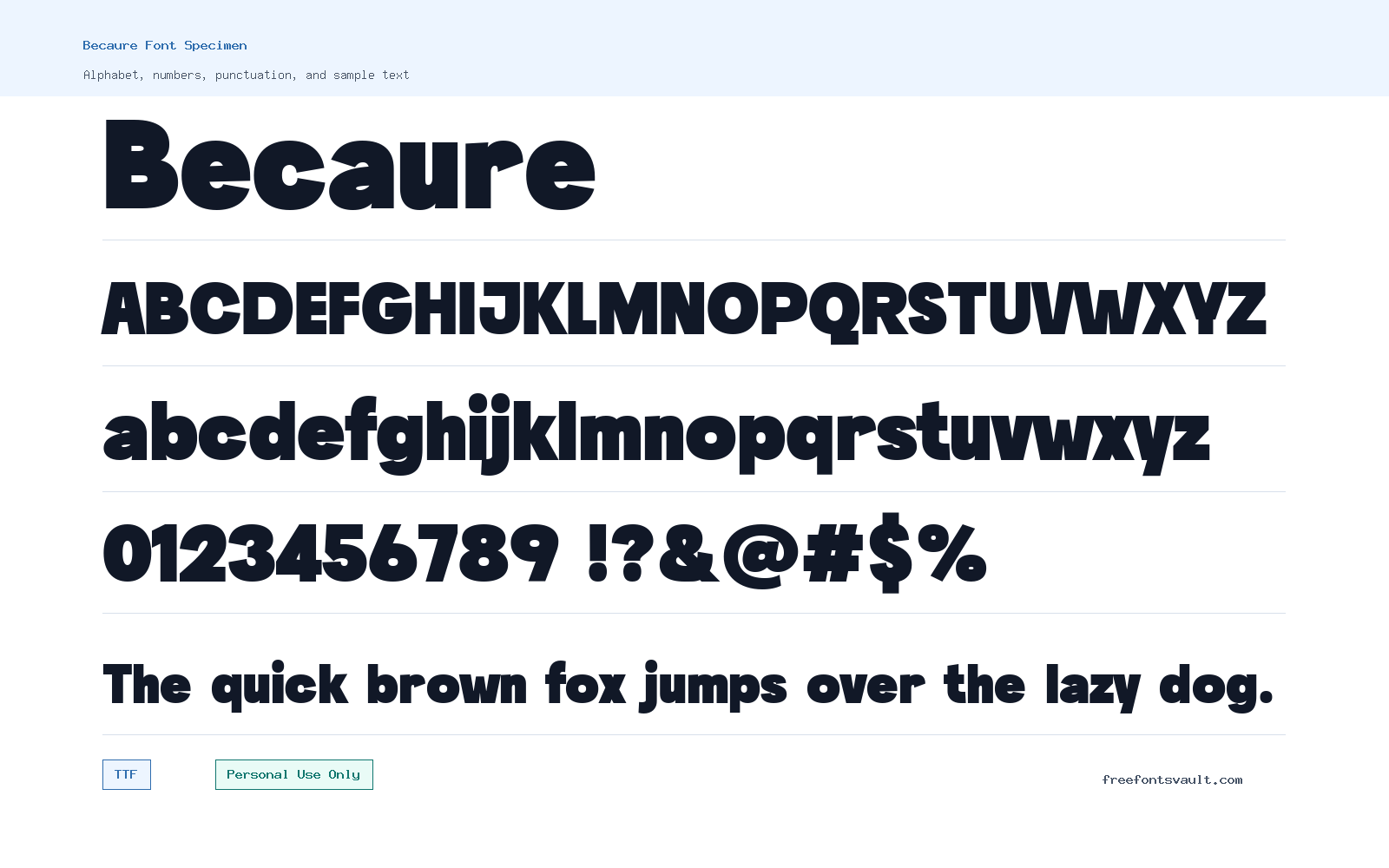 Becaure font specimen showing alphabet, numbers, and sample text