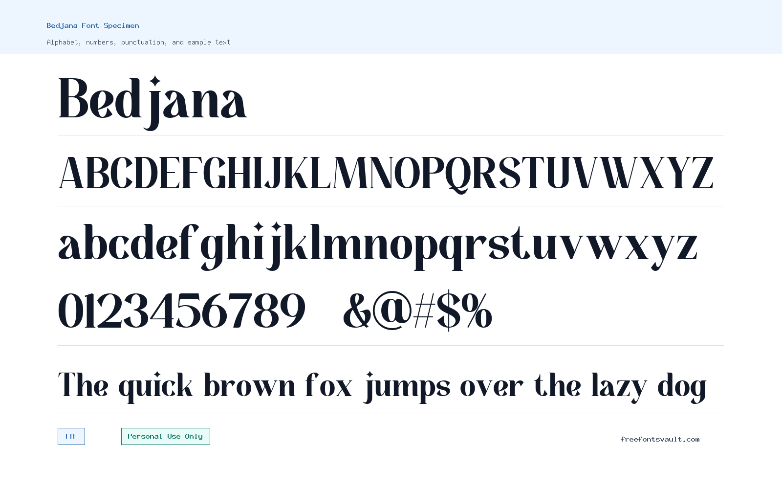 Bedjana font specimen showing alphabet, numbers, and sample text