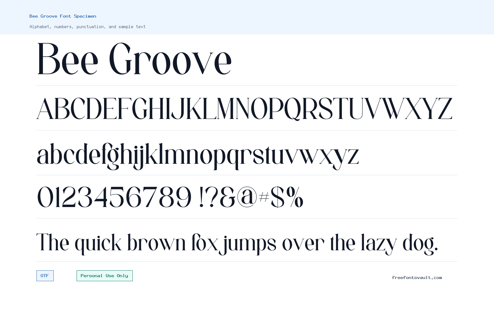 Bee Groove font specimen showing alphabet, numbers, and sample text