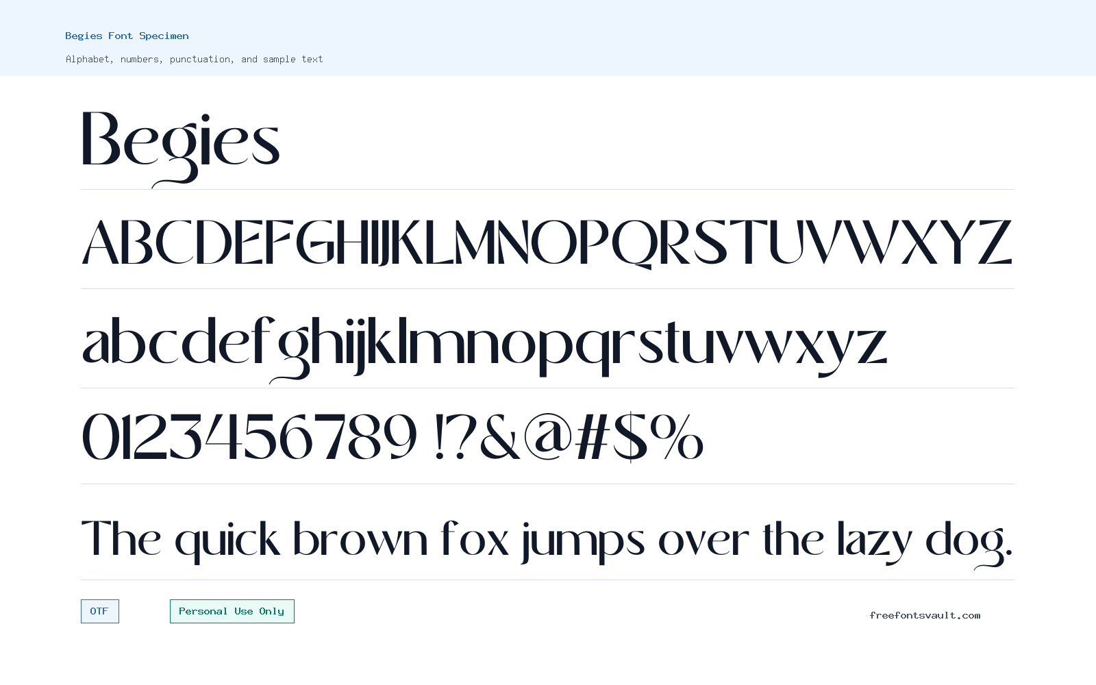 Begies font specimen showing alphabet, numbers, and sample text